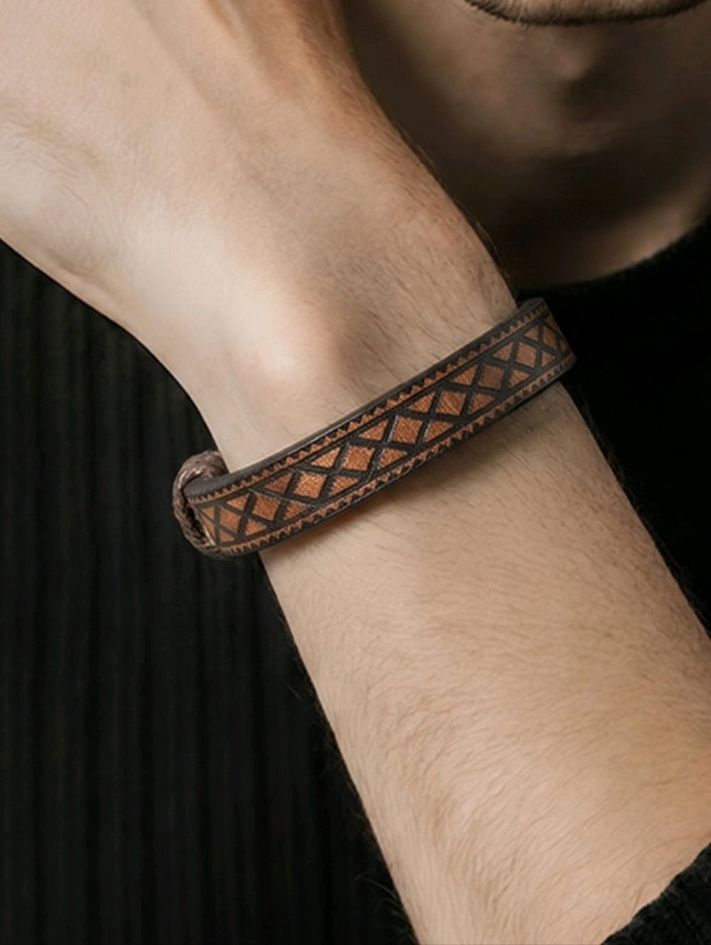 Men’s Brown Leather Bracelet Geometric Pattern Minimalist Adjustable Cuff Unisex